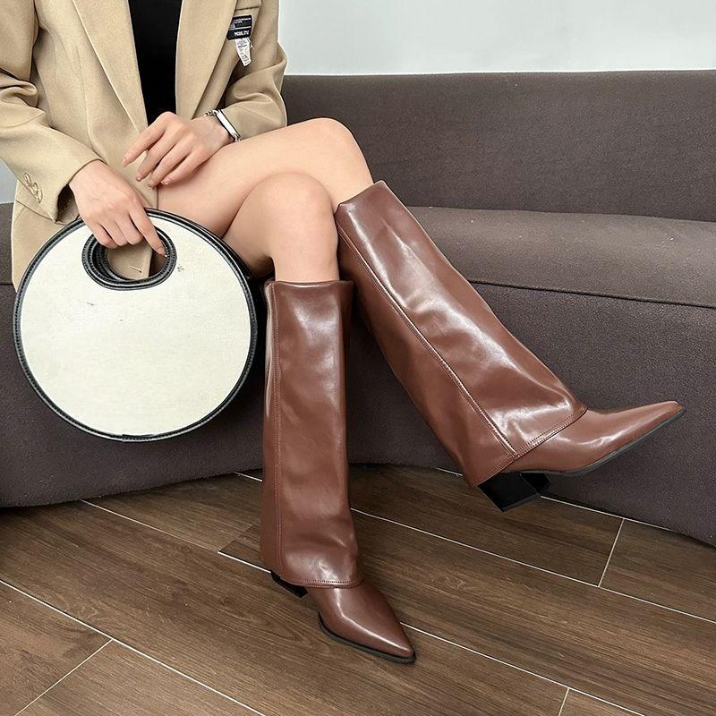 

Модные кожаные женские длинные сапоги с острым носком, осенне-зимние, на высоком каблуке, женские сапоги до колена, обувь на валу, тренд New Rock 2025, модные сапоги 35