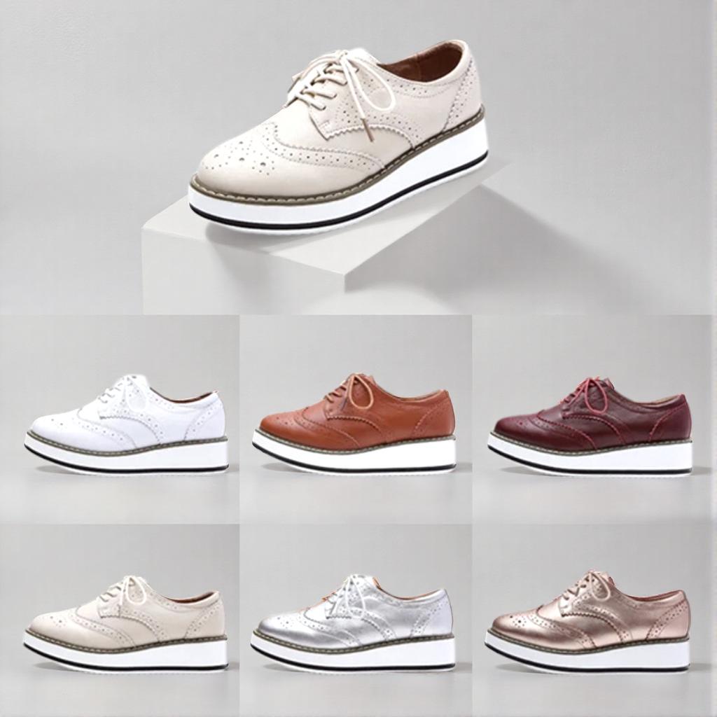 Women's Oxford Flats - Genuine Leather Wingtips Lace-Up Comfort Brogue Derby Patent Platform Casual Shoes for Spring Autumn
