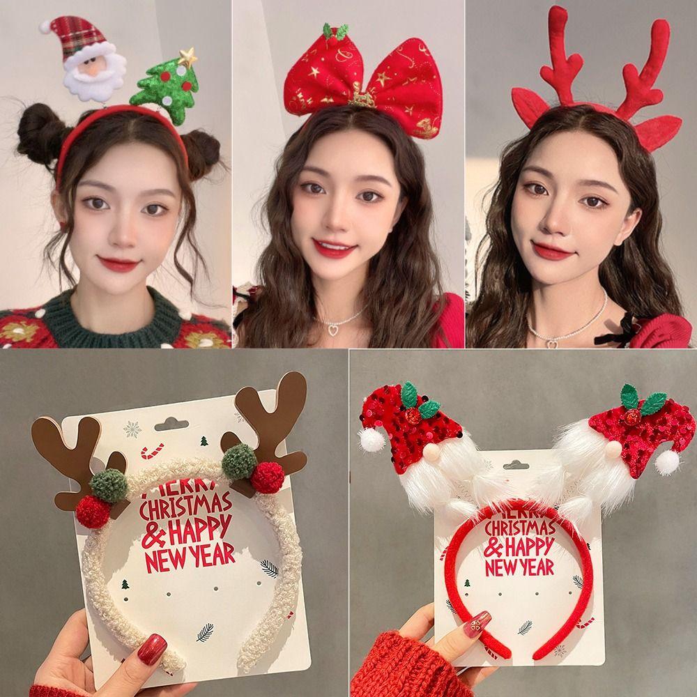 Urocza kreskówkowa świąteczna opaska na głowę Święty Mikołaj puszysta świąteczna pętla do włosów z porożem renifera jelenie uszy zielona kokarda świąteczne akcesoria do włosów