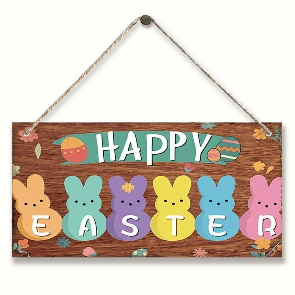 Colorful Rabbit Happy Easter Sign Flowers Pattern Egg Design Wall Decoration Cartoon Style Wooden Material Home Decoration