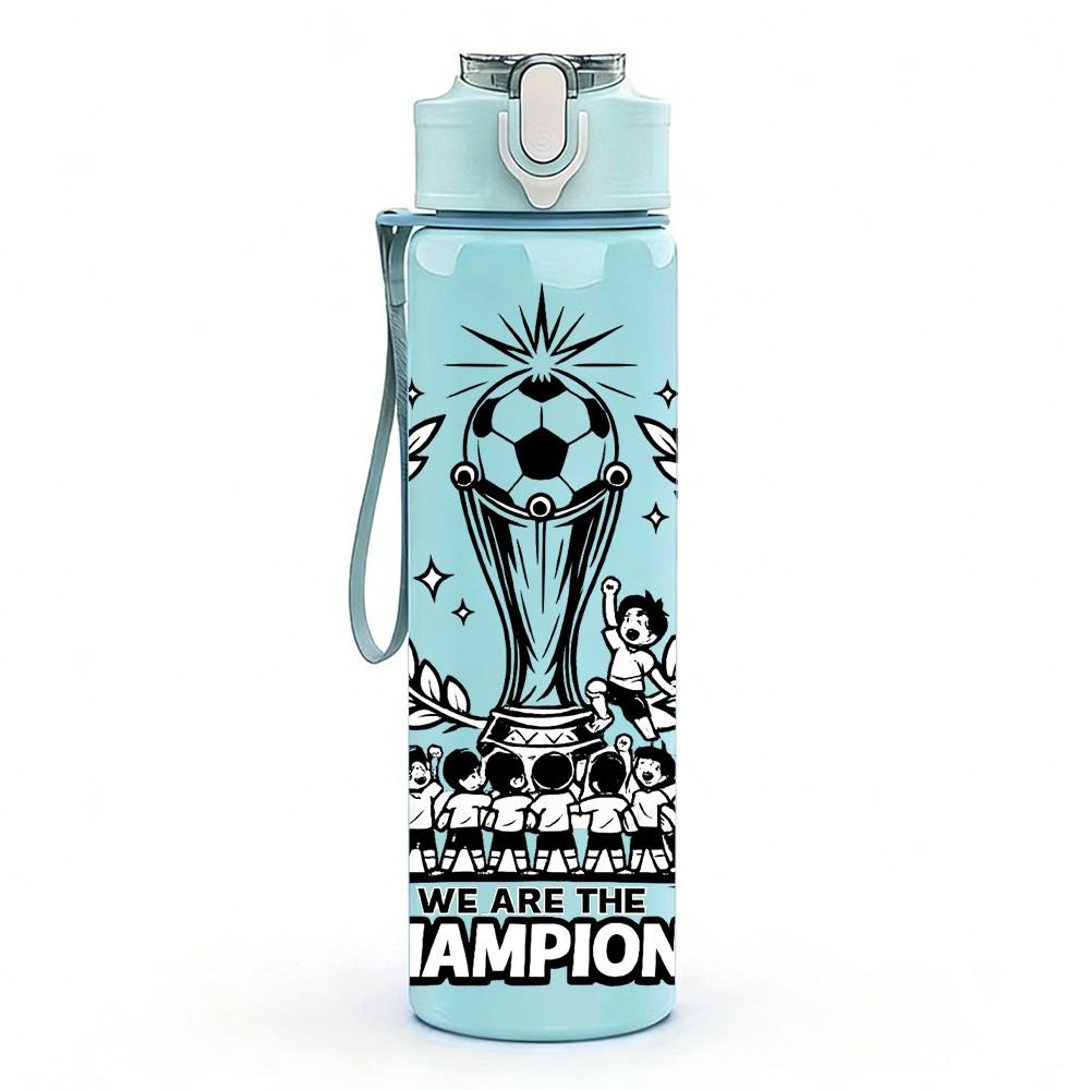 1 Stück Fußballpokal Champion Abzeichen Druck 750 ml Farbe Kunststoff Sport Wasserflasche Auslaufsicher Klappdeckel mit Strohhalm Geeignet für Sport Büro Zuhause