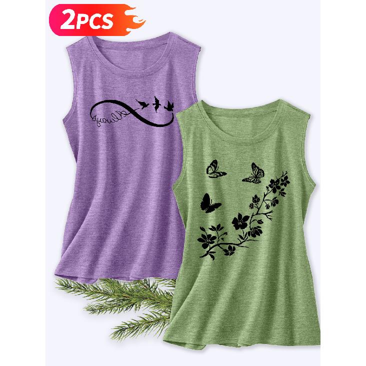 Follow a Specific Direction Two-piece Women's Tank Top with Butterfly and Floral Print Elegant Summer Party Outfits Sleeveless Vest Essential Fashion