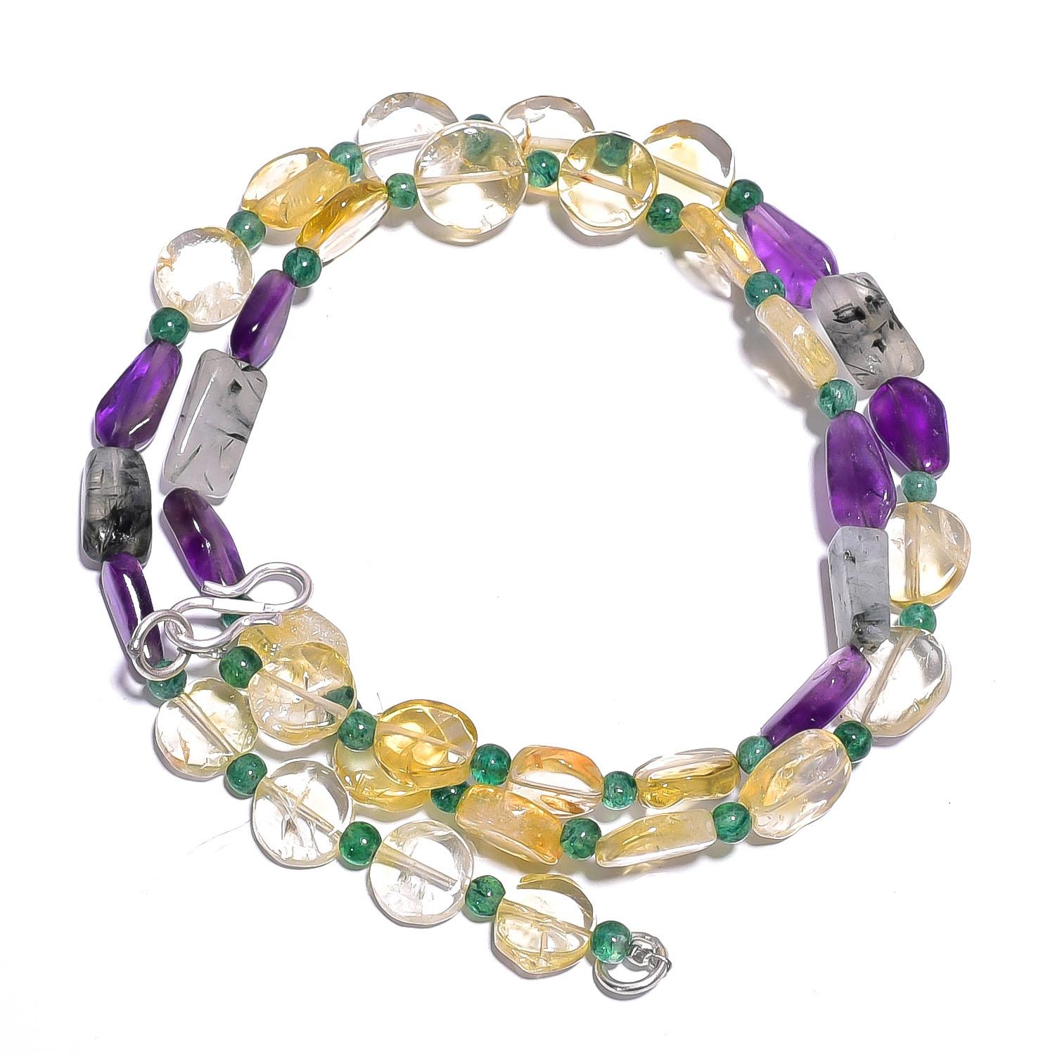 

Natural Citrine Amethyst Aventurine Gemstone Smooth Beads Necklace 17 UB-4478 UB-4478