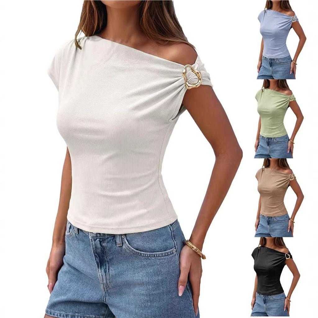 Women's Casual Fashion T-shirt, Slim-fitting, Asymmetric, Off-shoulder, Metal Button Top
