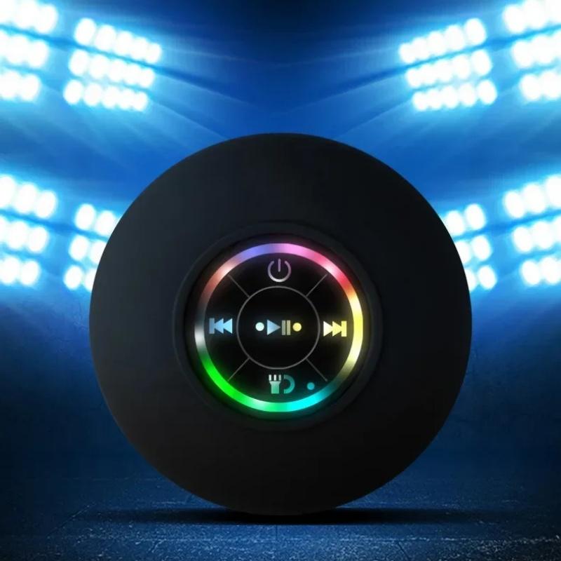 Wireless LED Bluetooth Speaker provides large suction cup waterproof design and mini portable stereo sound for bathroom outdoor