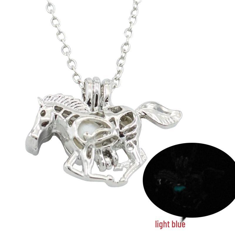 Luminous Black Night Glow Pony Pendant Necklace with Hollow Bead Design