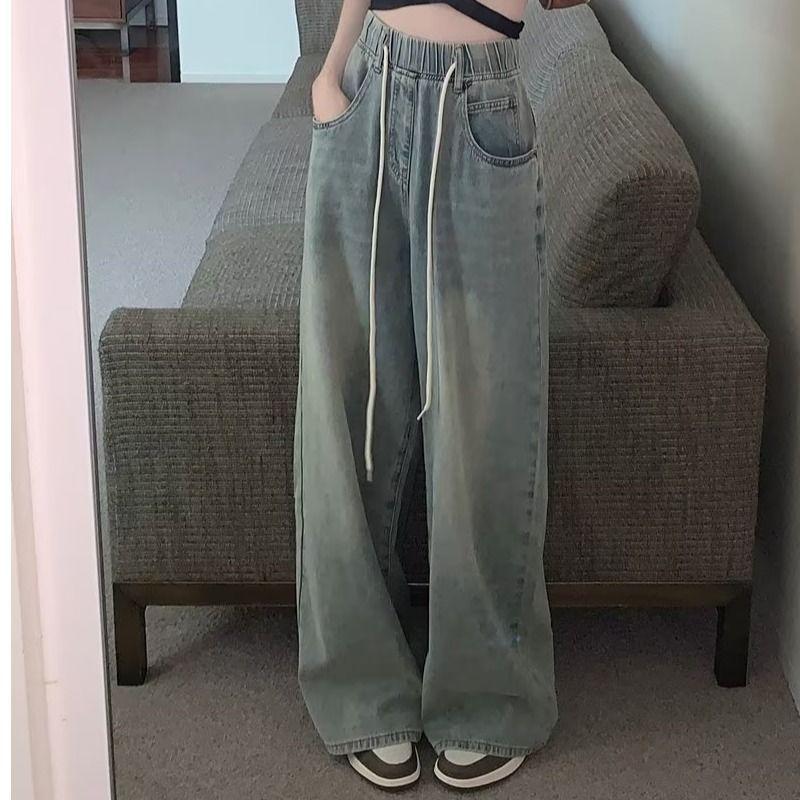 Women's Autumn Wide-Leg Elastic-Waist Jeans: High-Waist, Loose-Fit, Straight-Leg with Drawstring.