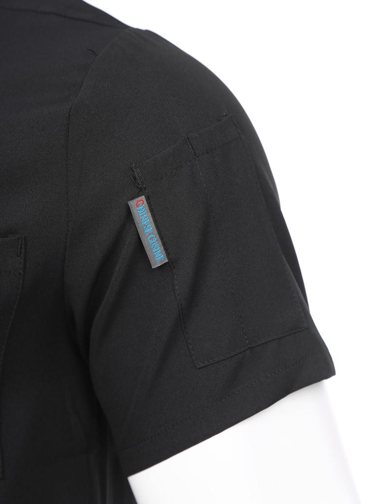 Unisex Lightweight Chef Jacket Stand Collar Short Sleeve Letter Embroidery Contrast Trim Kitchen Uniform Top