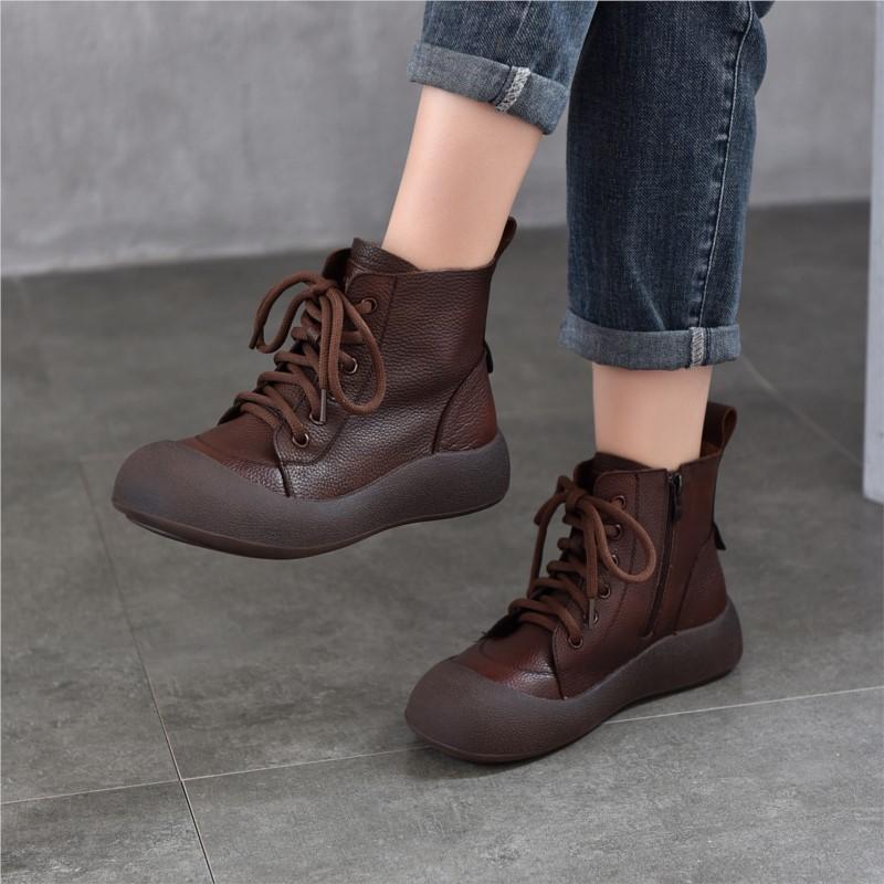 Johnature Retro Women's Ankle Boots Genuine Leather Lace Up Thick Soled Cowhide Short Boots