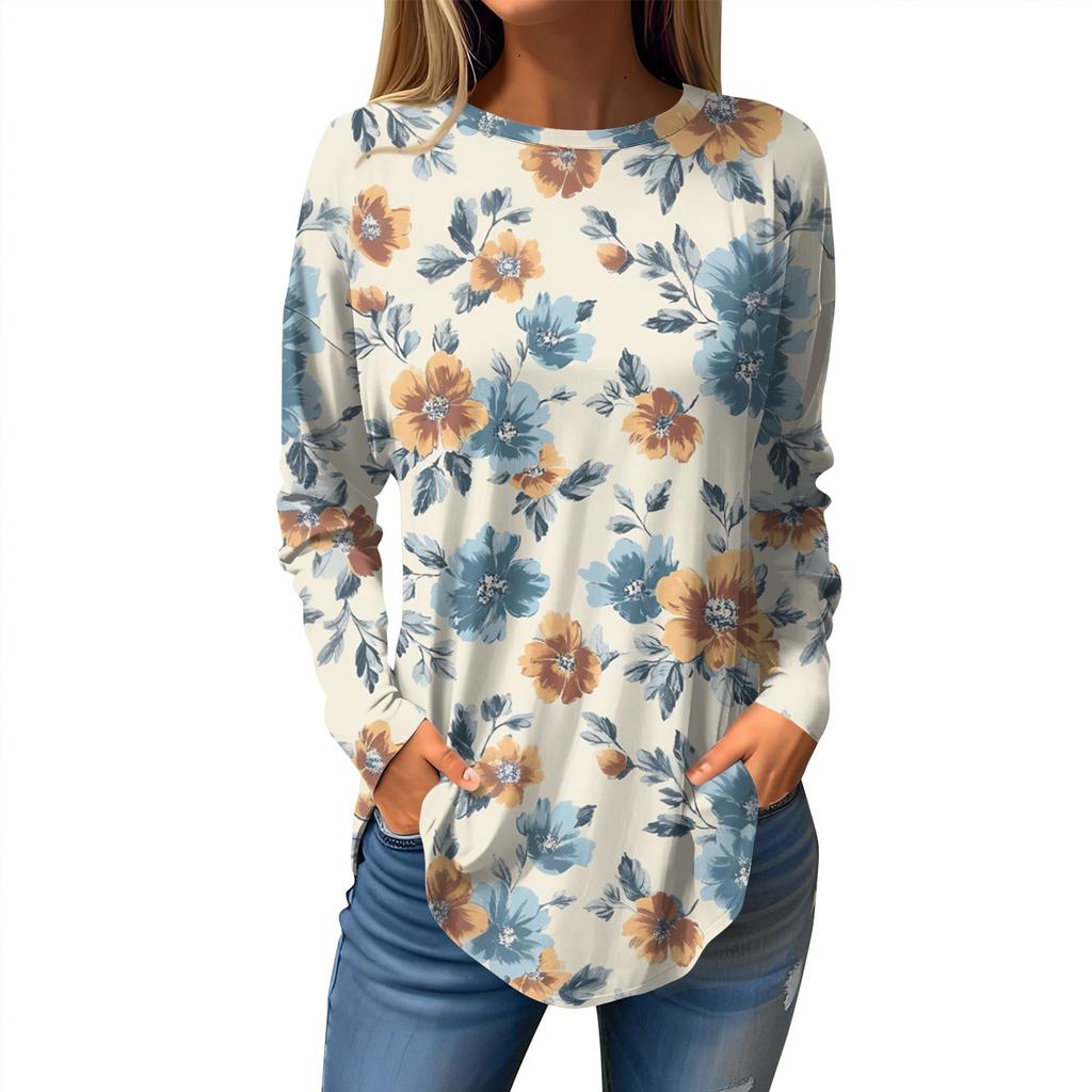 Women's Loose Casual Printed Round Neck Long Sleeved T Shirt Top Pullover Long Sleeved Sweatshirt