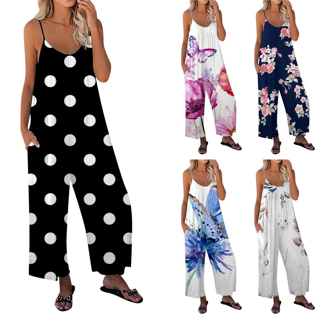 Mono suelto sin mangas para mujer con correa de espagueti ajustable y pantalones largos elásticos con bolsillos