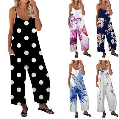 Macacão feminino solto sem mangas, alças finas ajustáveis, calça longa elástica, macacão com bolsos
