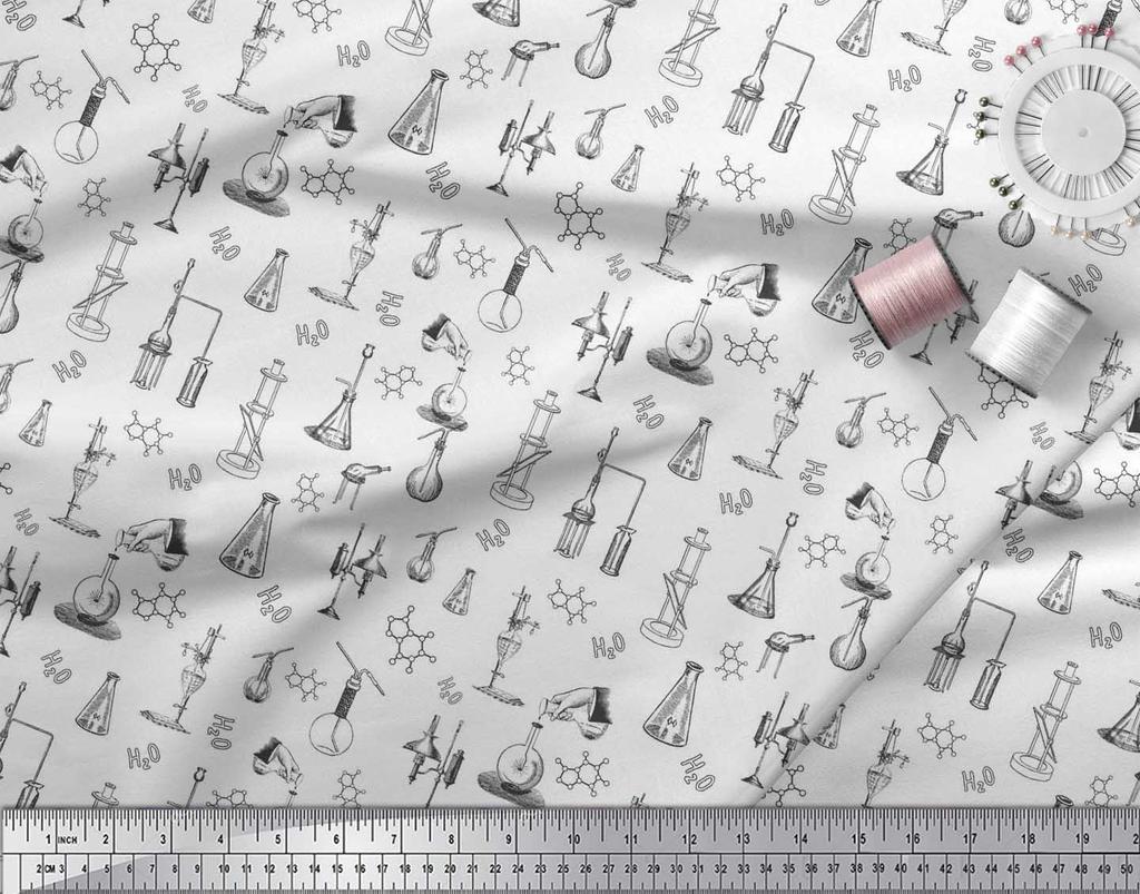 Soimoi Japan Crepe Satin Fabric Scientific Lab Equipments Education Theme Fabric Prints By metre 42 Inch