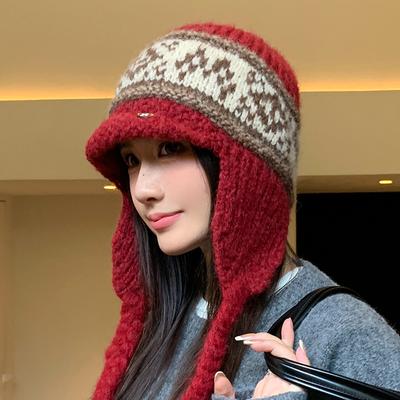 Fair Island Stil Retro Gestrickte Wollmütze Herbst und Winter Plus Samt Verdickt Warm Ohrschutzmütze Vielseitig Großer Kopfumfang Lei Feng Mütze