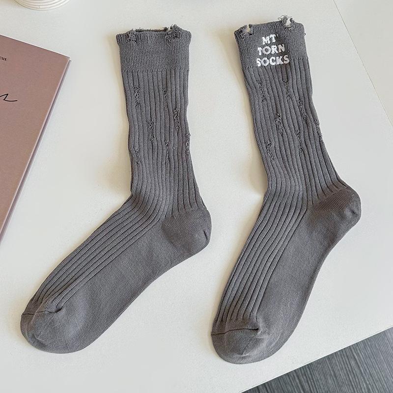 Hole Embroidered Socks Style Street Trend Fashion Hole Socks Beggar Socks Pure Cotton Medium Tube Socks