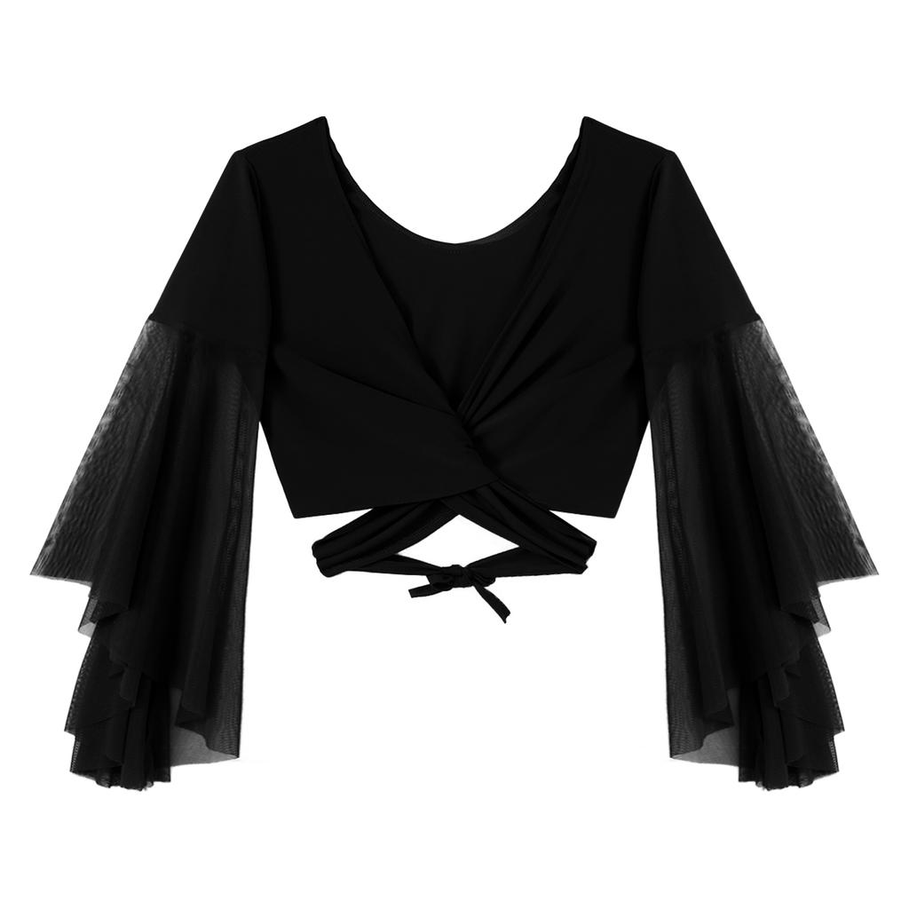 Women 3/4 Tulle Flared Sleeve Crop Top Dancewear Lace-up Indian Belly Dance Costume Tops