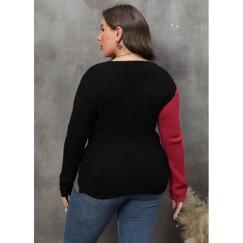 Women's Pearl Top Large Size Women's Contrast Stitching Deep V Cross Sexy Beaded Sweater