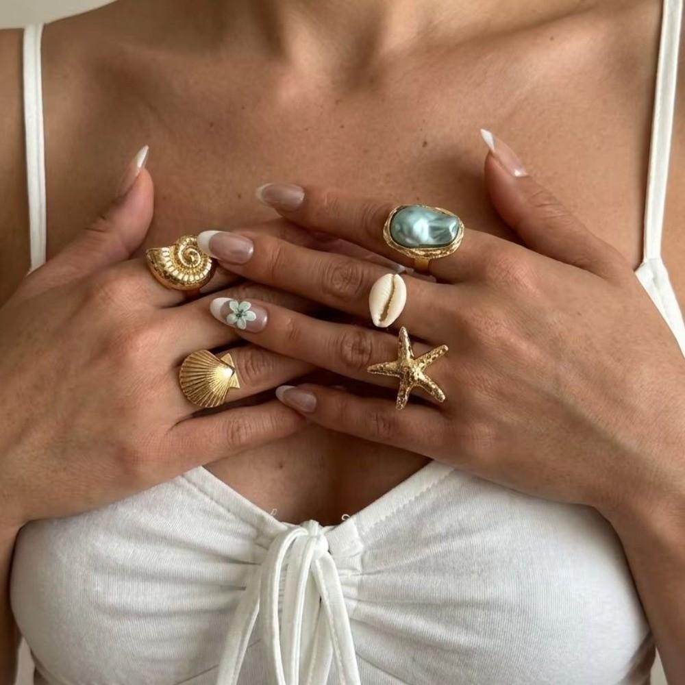 3/5Pcs Gold Color Finger Open Rings Conch Geometric Rings Vintage Starfish Open Ring Set Women