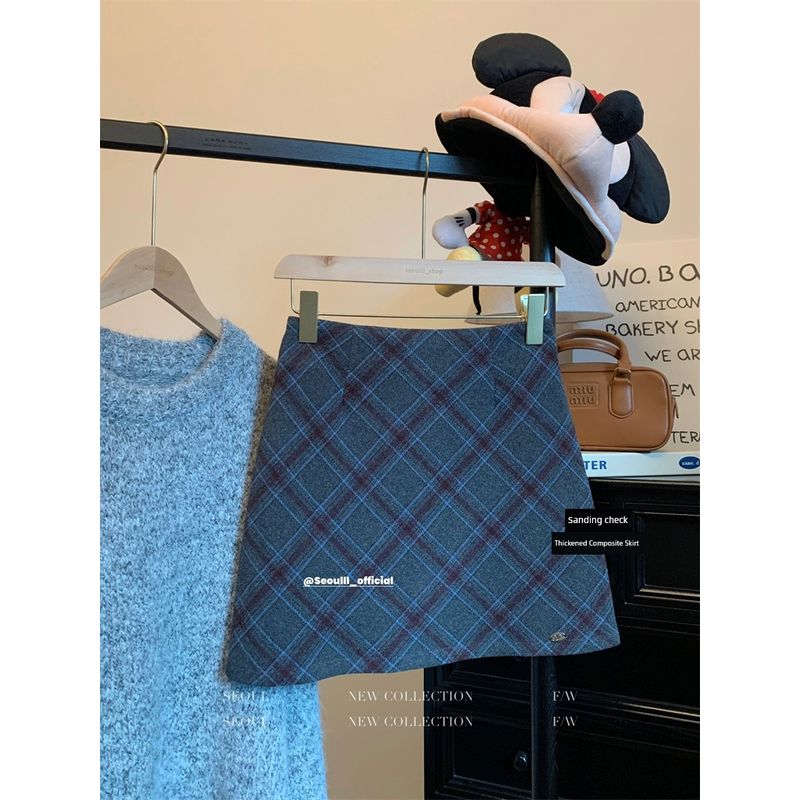 

Kumikumi Preppy Contrast Color Plaid Retro All-Match Skirt Women s Autumn High Waist Slimming A- line Skirt Short dress Gray lattice L