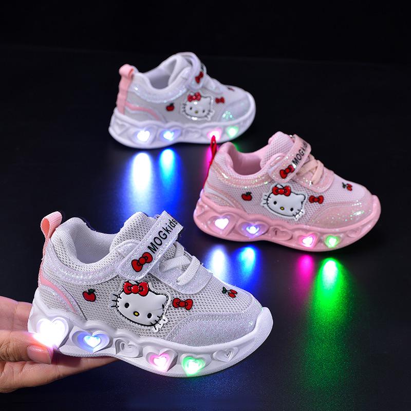 Light-Up Cartoon Cat Baby Girl Sports Shoes, Soft Sole, Mesh, Spring/Autumn 2026