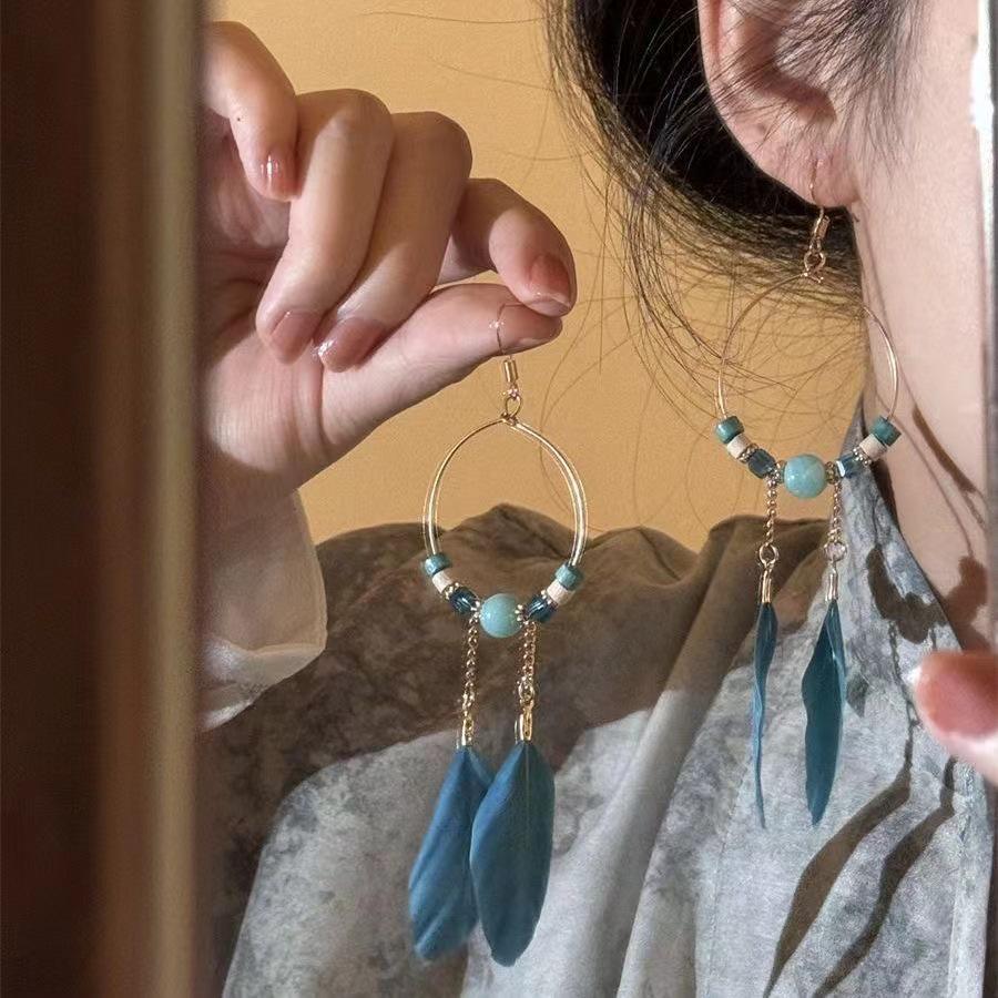 Bohemian Feather & Chain Seed Bead Hoop Earrings - Ethnic Style, Long Design