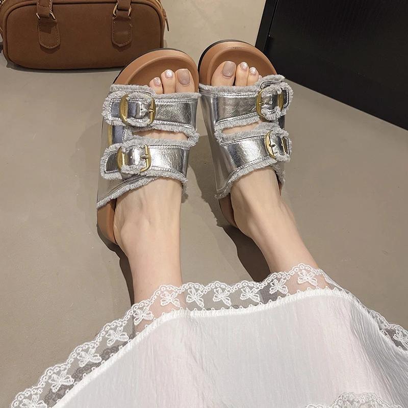 Fashion New Slippers Female Platform Shoes Slides Fashion Woman Soft Luxury Beach Hoof Heels Rome Rubber Casual Double Buckle Non-slip