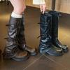 Genuine Leather~Inner Height Black Mid Length Leg Boots for Women, Autumn Thick Soled Pleated Pile Boots, Western Cowboy Knight Boots