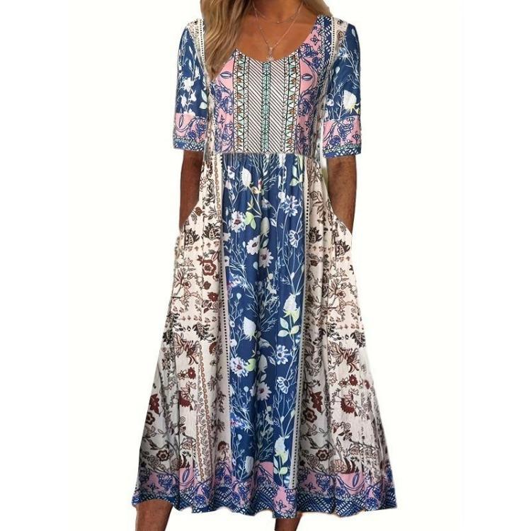 New Women's Bohemian Print Summer Dress Retro Round Neck Short Sleeve Long Skirt Cool Dress