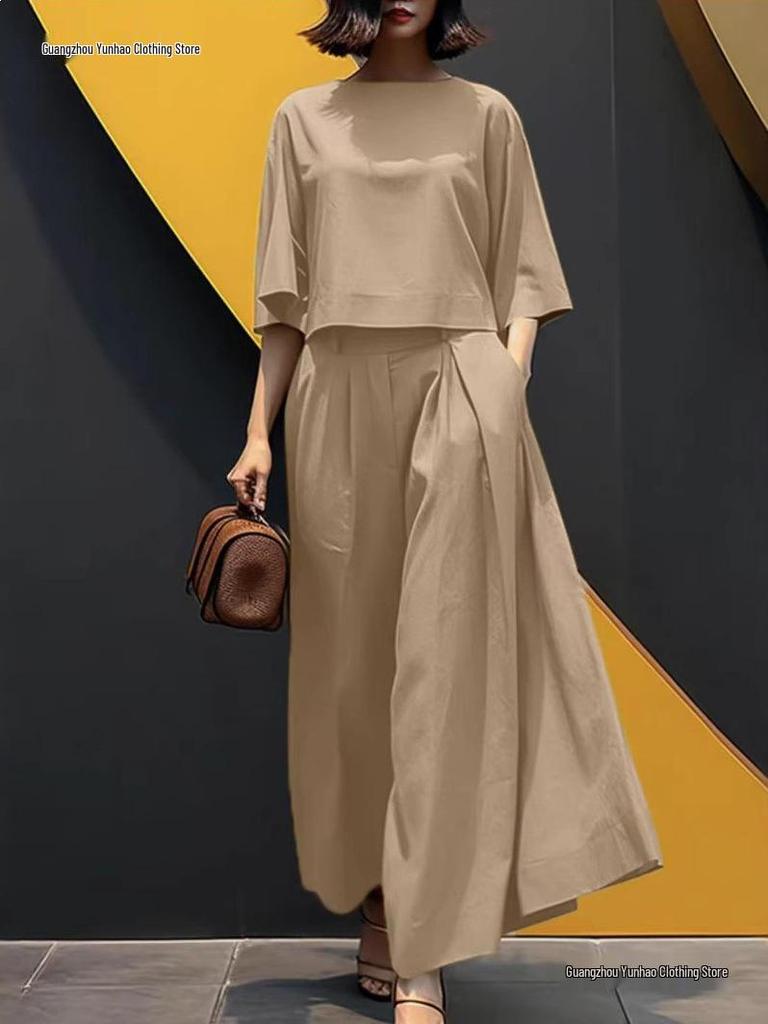 2026 Spring/Summer Women's Solid Color Short Sleeve Casual Loose Trousers Two-Piece Set