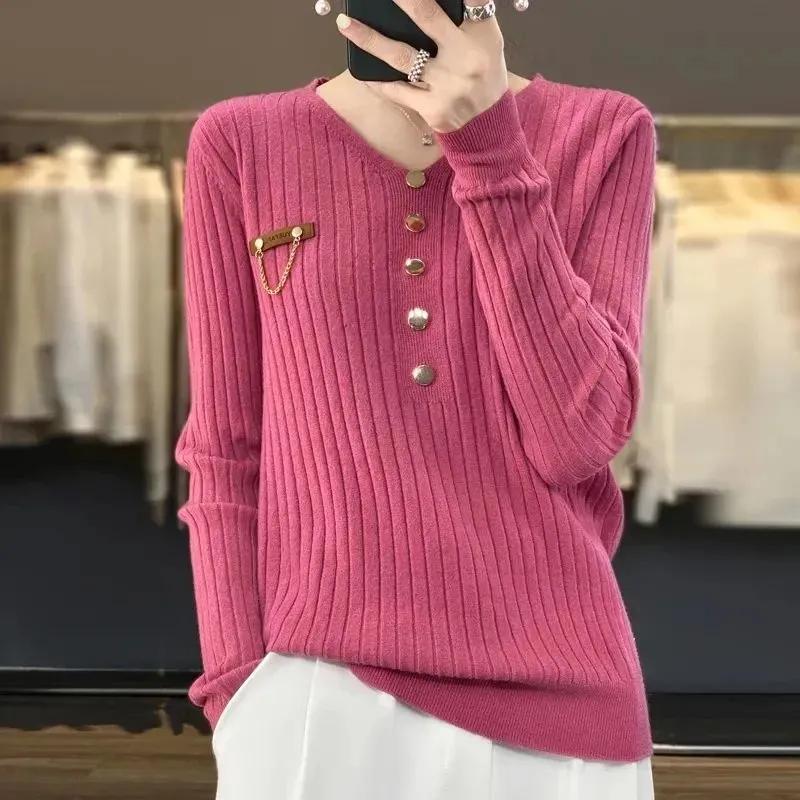 Podzimní a zimní svetr v korejském stylu s výstřihem do V Dámská móda Volný svetr Univerzální košile se spodním okrajem