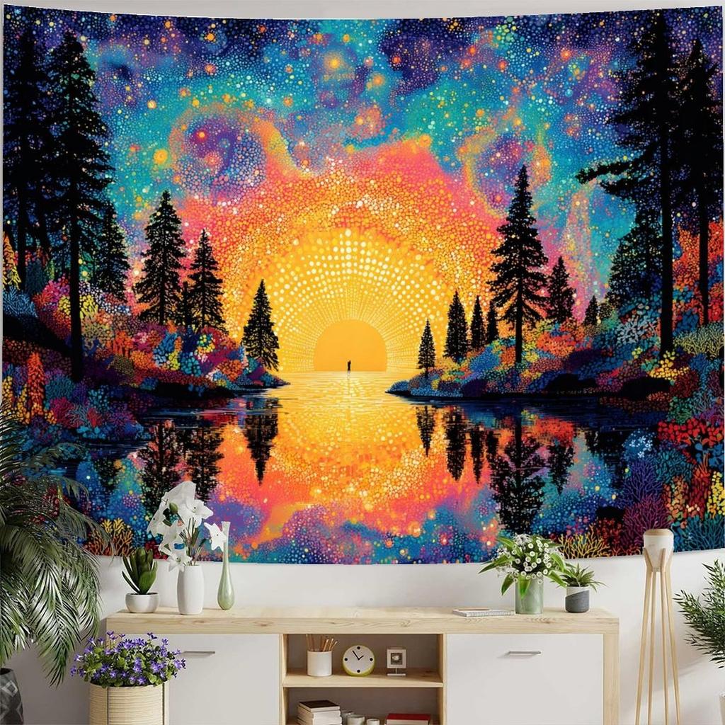 Sonnenaufgang Waldsee Digitaldruck Polyester Wandbehang Wandteppich Dekorative Wohnzimmer Schlafzimmer Büro Hintergrund Geschenk