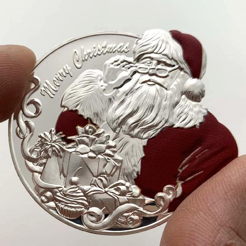 Santa Claus coins, children's cartoon silver plated commemorative medals, relief coins, Christmas greeting coins, three-dimensional shaped coins