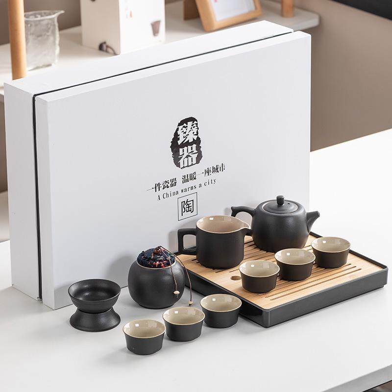 Black Pottery Kung Fu Tea Set Cover Bowl Teapot Tea Cup Tea Set Accessories Complete Tea Tray Business Gifts High-end Gift Box