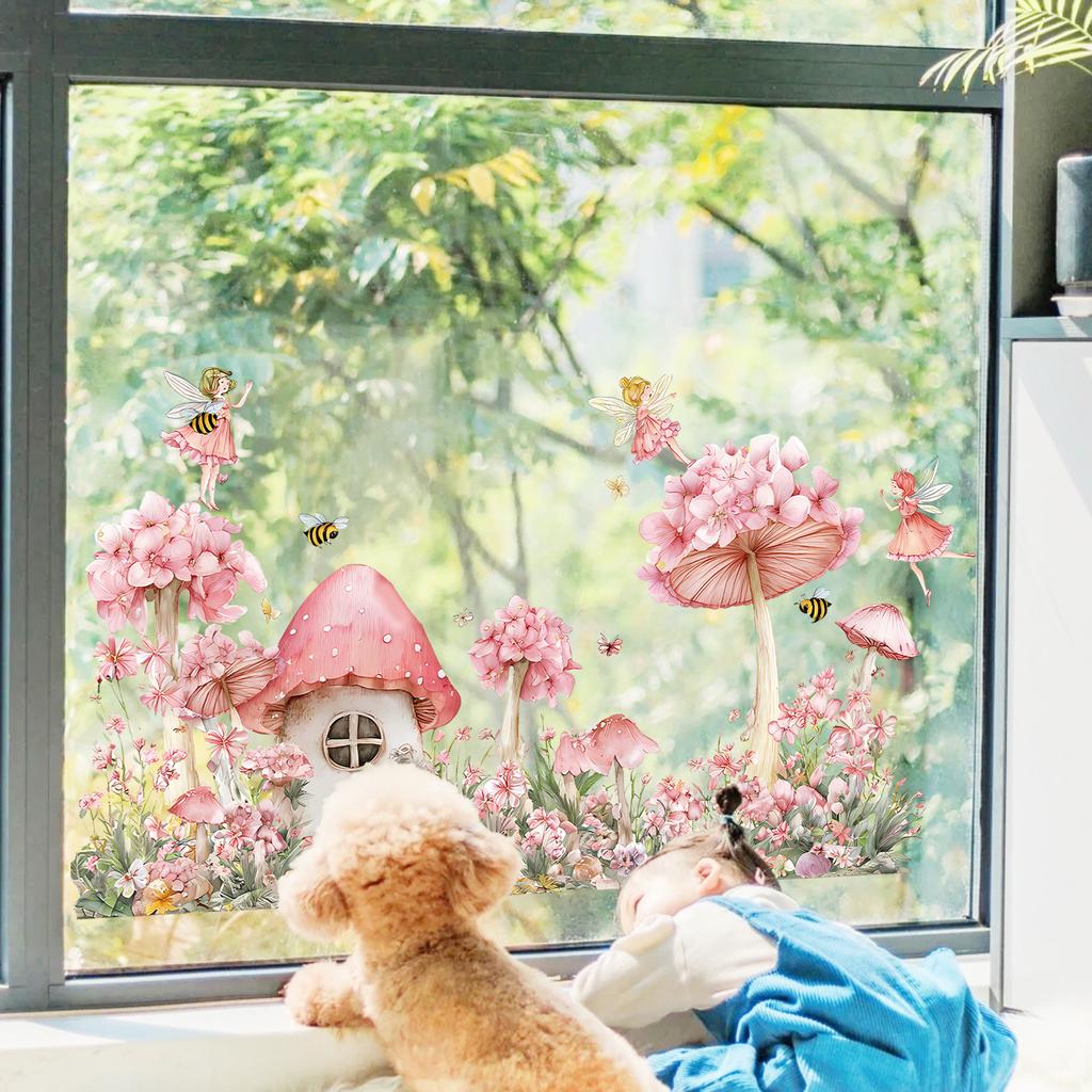 Static Cling Window Film Fairy Mushroom House with Girl In Flowers Double Sided View Decorative Window Sticker