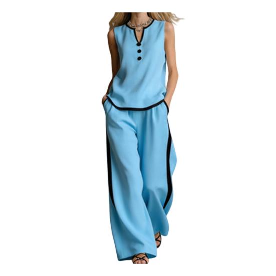 Damen Sommer 2-teilige Outfits Lässig Ärmellos Knopf V-Ausschnitt Oberteil Und Weite Hosen Urlaubs Lounge Sets mit Taschen