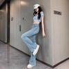 Women’s Light Blue Micro-Flared High-Waisted Jeans, Slit Design, Horseshoe Pants, Spring/Summer Style, Slimming American High Street Fashion.