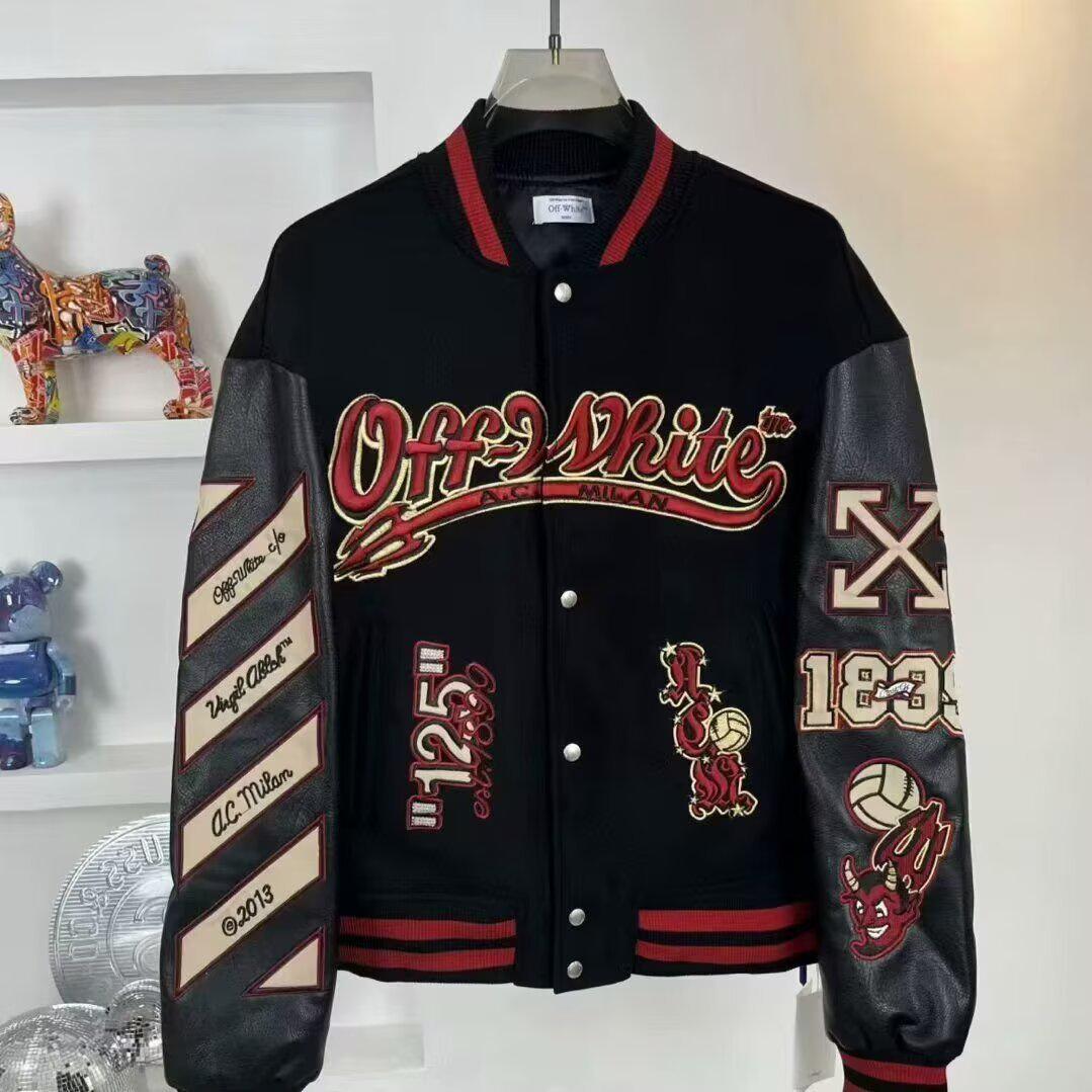 

Унисекс Бейсбольная куртка с вышивкой и пэчворком из кожи в европейском стиле - High Street L чёрный/красный