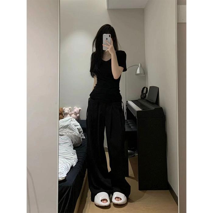 

Special Spice Girl v-neck micro-transparent short-sleeved T-shirt women s summer design sense niche bottoming shirt slim and thin short top XL чорний