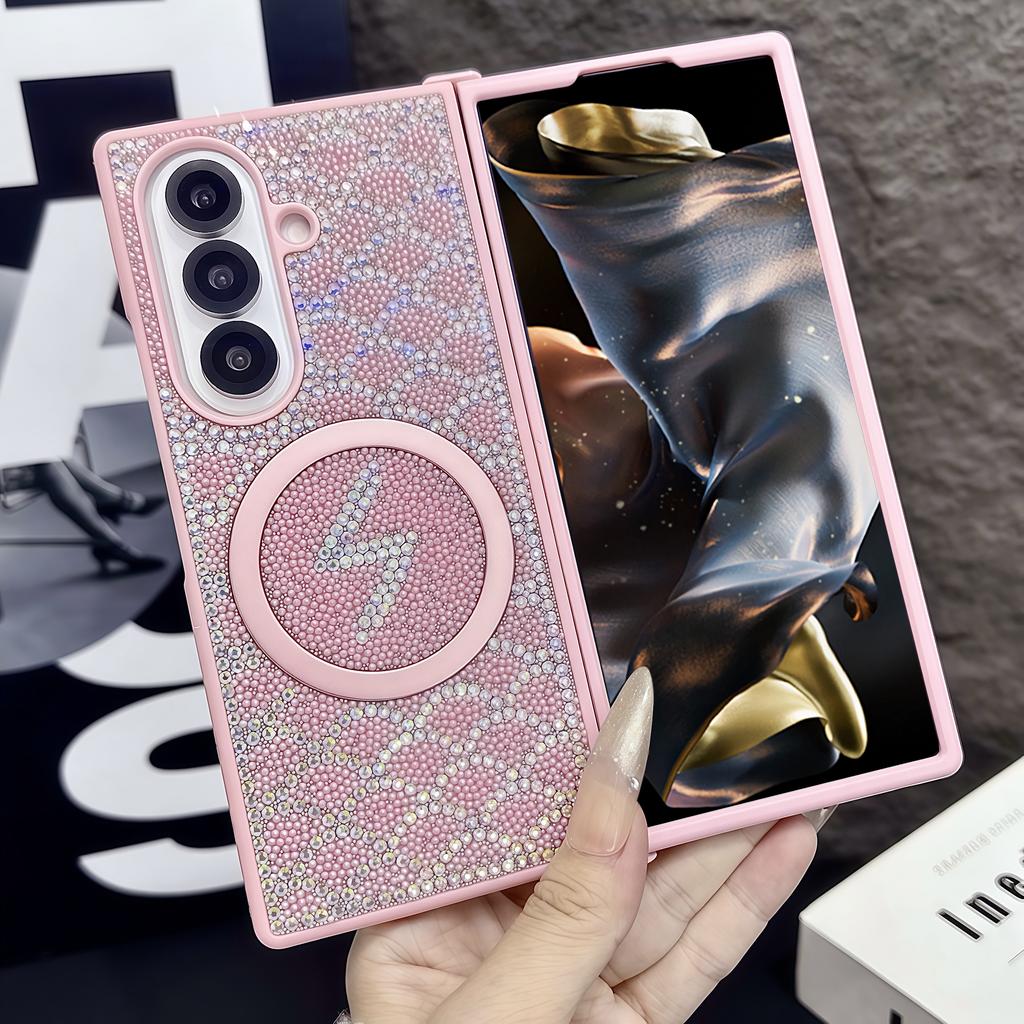 Riffel-Diamant Magnetische Handyhülle Für Samsung Z Fold 7 6 5 4 Helles Leopardenmuster PC Kristallkette Stoßfeste Schutzhülle