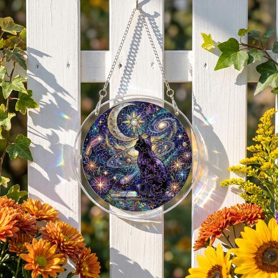 Yousheng Acrylic Puzzle Suncatcher, Halloween Black Cat Castle Raven DIY Sun Catcher Kit, Stained Glass Window Hanging Ornament for Home, Garden