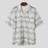 INCERUN Men Lapel Short Sleeve Striped Crochet Hollow Casual Oversized Shirts