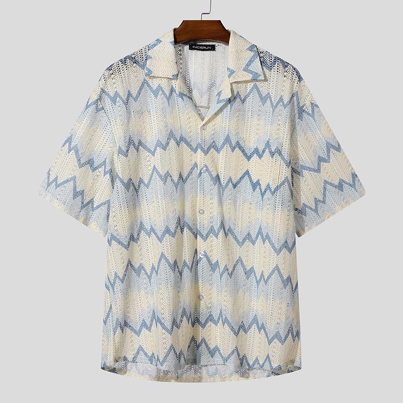 INCERUN Men Lapel Short Sleeve Striped Crochet Hollow Casual Oversized Shirts