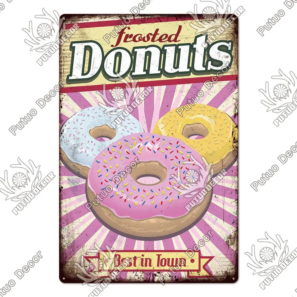 Putuo Decor Donuts Dessert Vintage Plaque Metal Plate Tin Sign Wall Art Decor Retro Poster for Kitchen Cafe Home Iron Painting