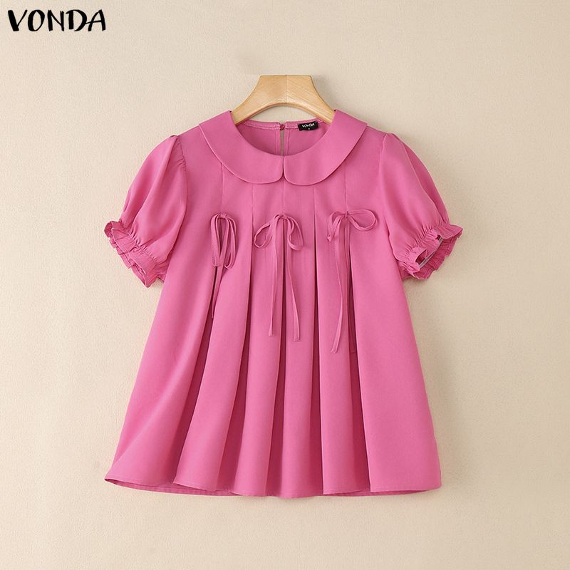 VONDA Women Casual Lapel Collar Puff Sleeve Ruffled Casual Blouse T-shirts