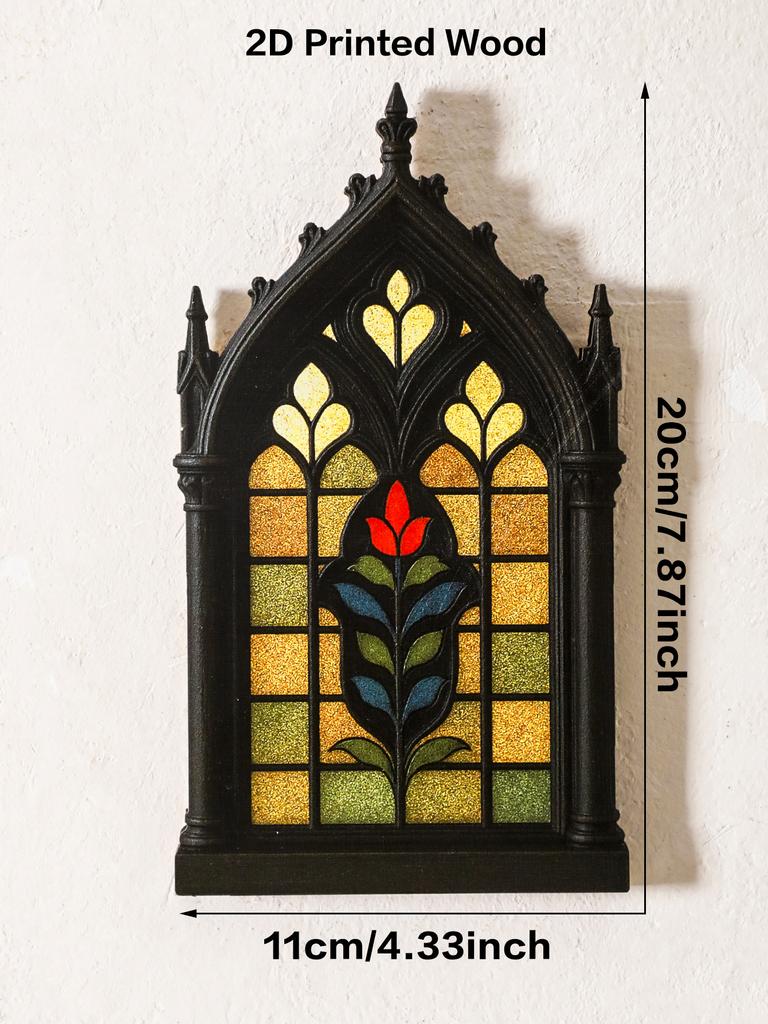 Gothic Church Window Style Desktop Decor Floral/Geometric Pattern Halloween Decoration Wooden Tabletop Ornaments for Home, Shelf