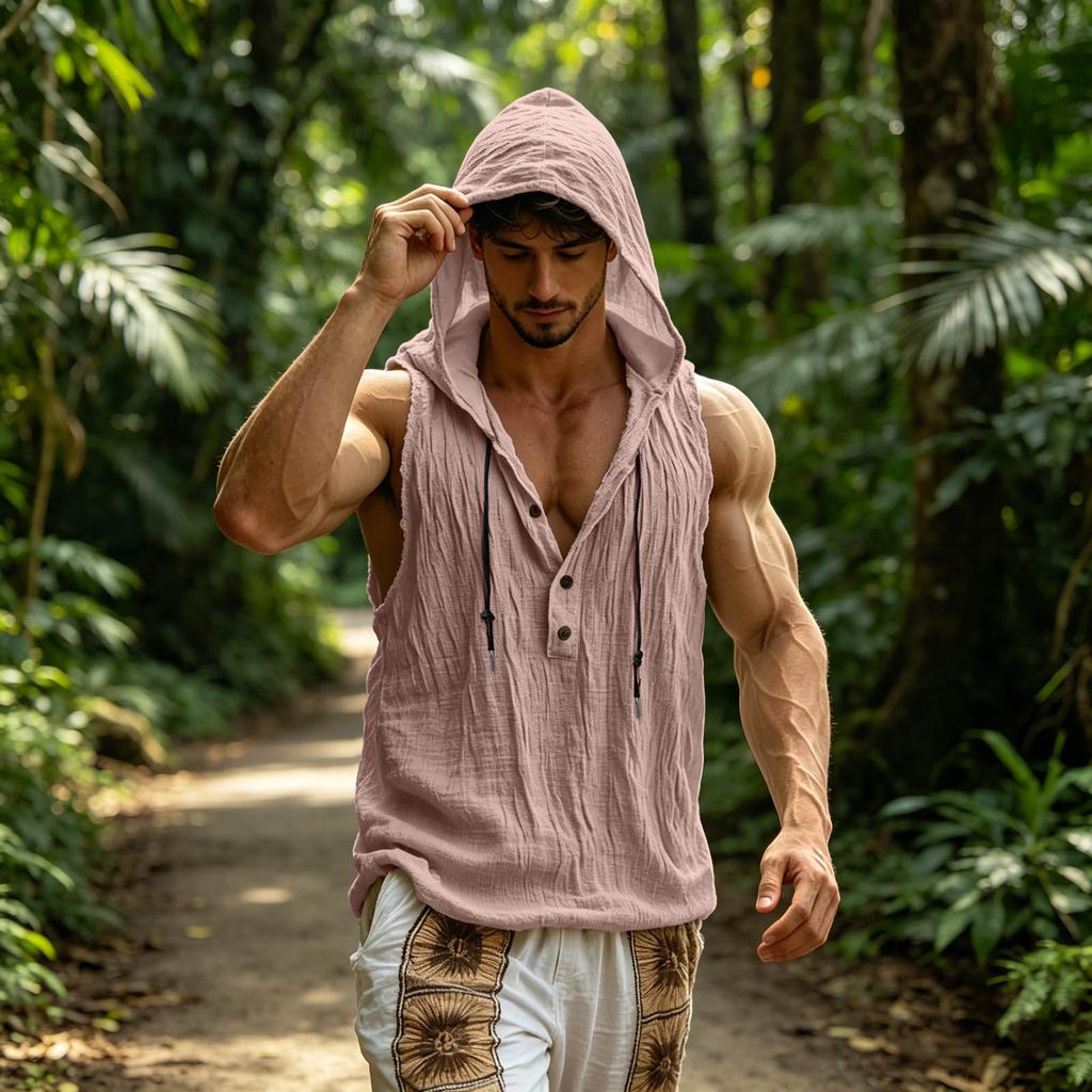 Men's Linen Sleeveless Hooded Button Vest - Lightweight Loose Fit Beach Hawaiian Summer Top for Casual Wear
