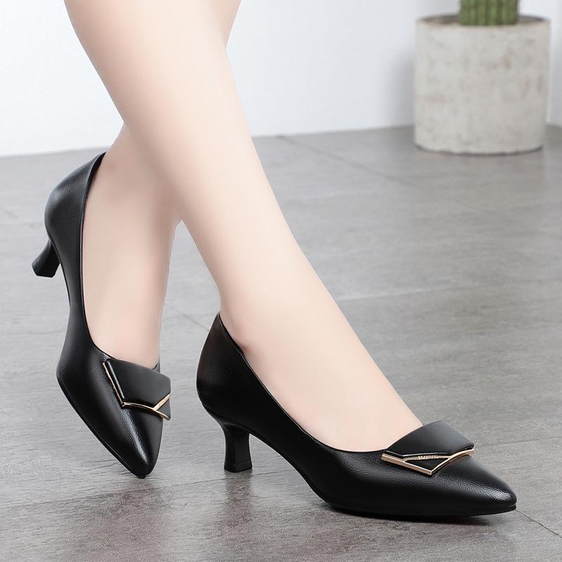 Fashion 2024 Early Spring New High Heels Women's Single Shoes Soft Leather Shallow Mouth Pointed Thin Heels Fashion Women's Single Shoes