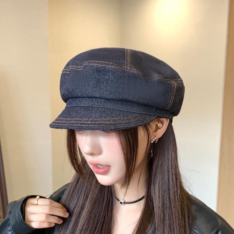 British Retro Denim Flat Top Hat  Casual and Versatile Light Plate Peaked Hat  Sun Visor  Small Newsboy Painter Hat