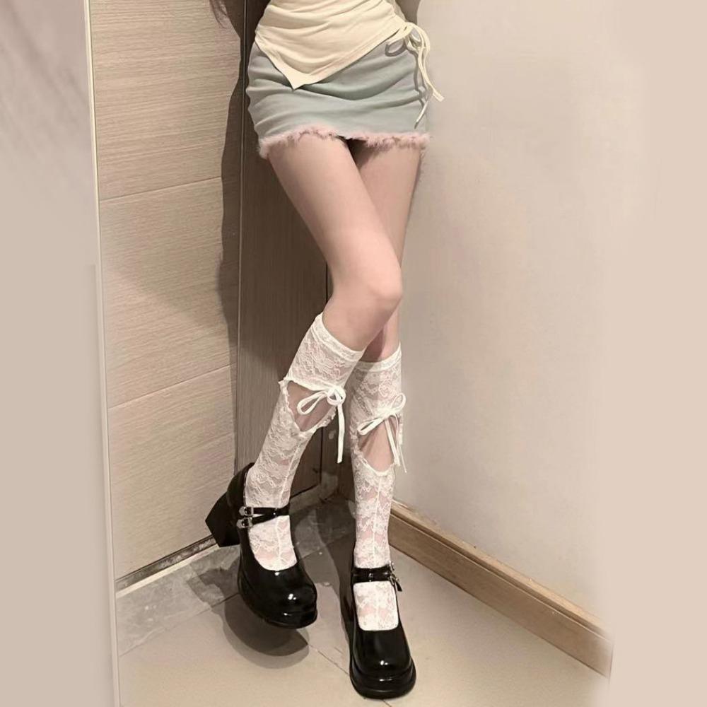 Summer Japanese Lolita Lolita Lace Bow Medium Tube Socks Love Hollow Cross Strap Calf Socks Women