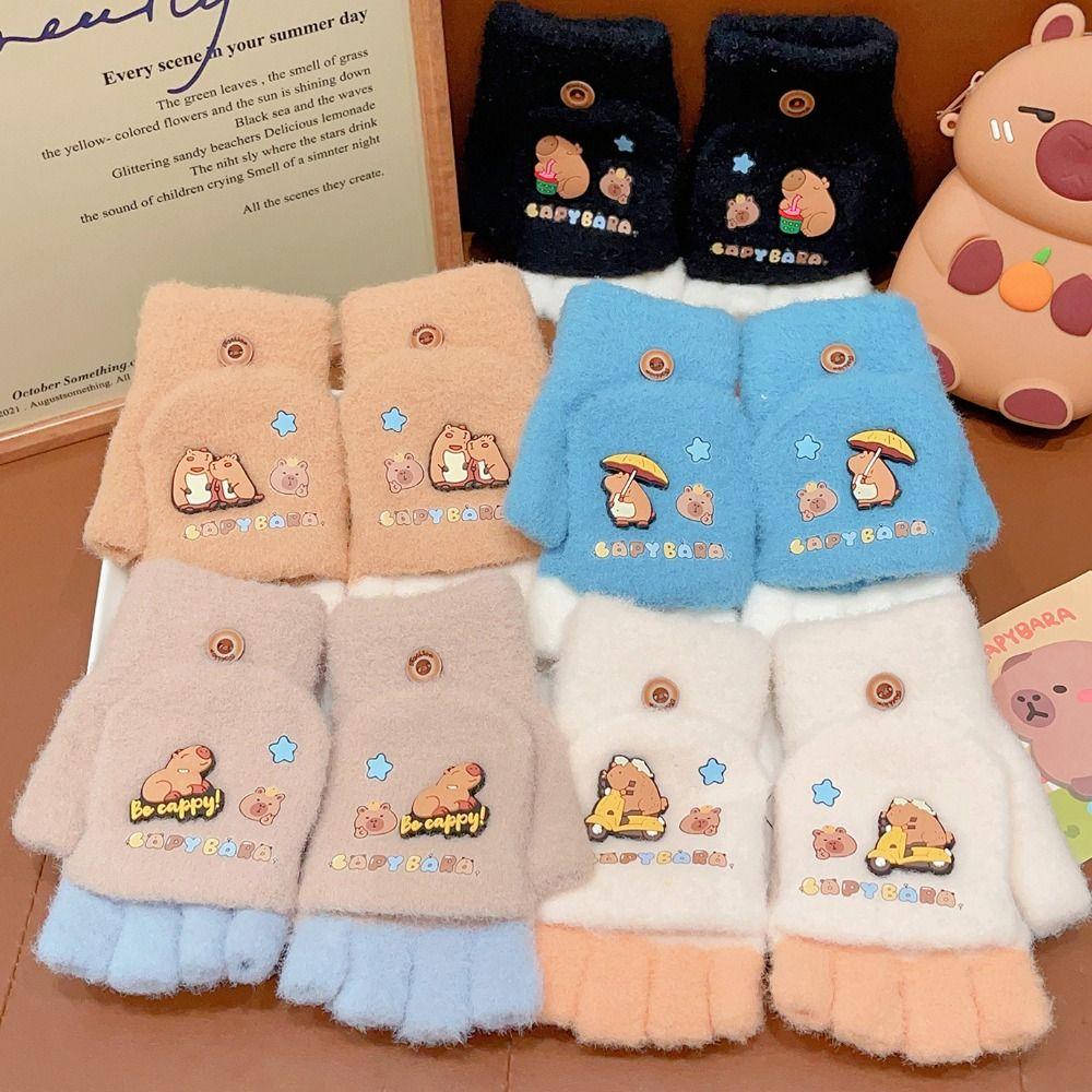 Cold-Proof Capybara Winter Flip Gloves Thickened Kids Knitted Mitten Half Finger Gloves Writing